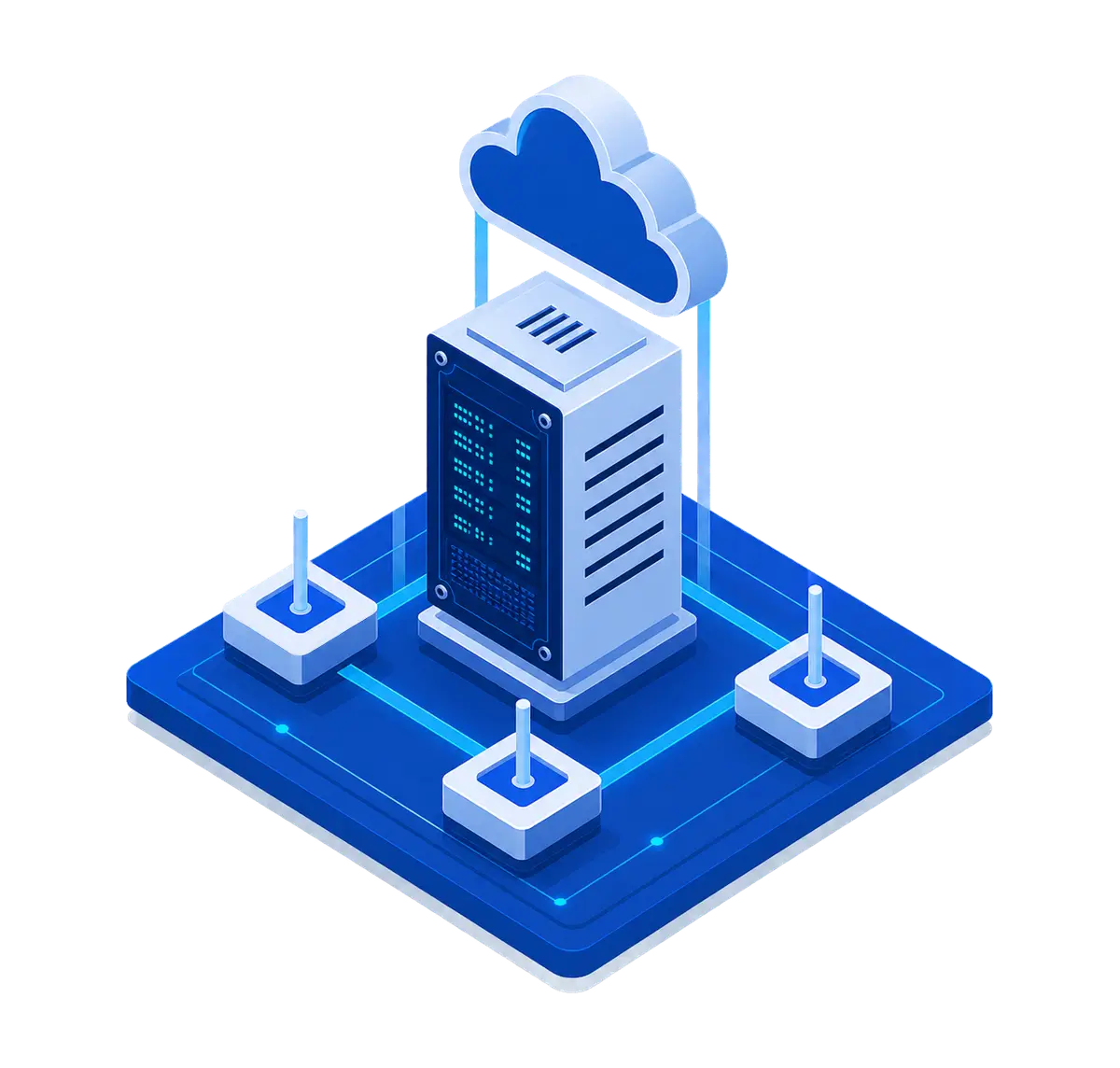 Isometric Cloud Hosting server connected to three endpoint nodes