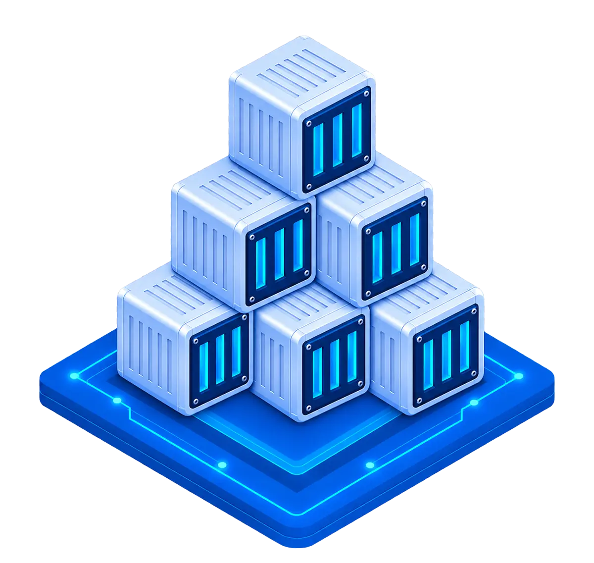 Seven cloud container modules in a one-over-six cluster on a shared routed platform