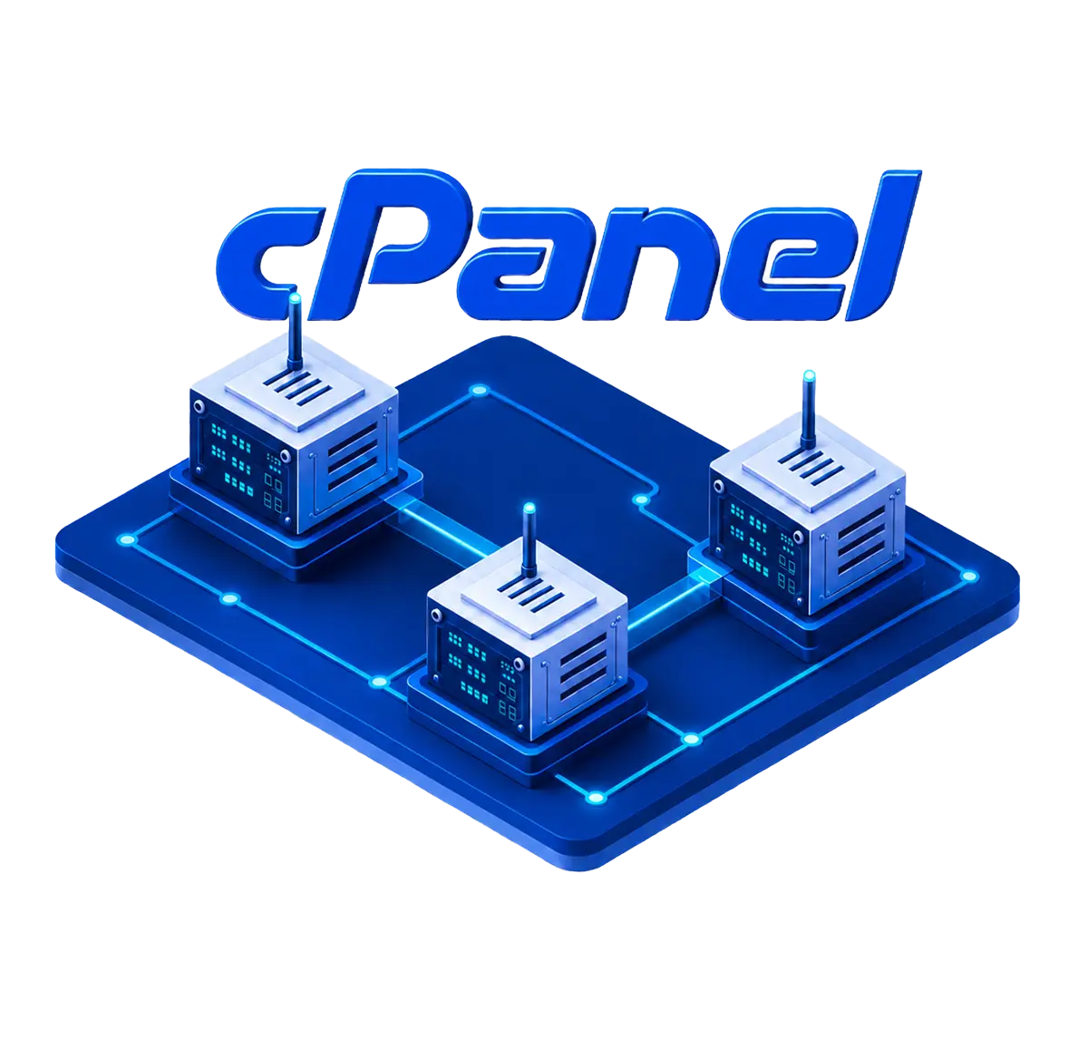 A large front-facing cPanel wordmark behind three routed VPS hosting nodes on an Atlantic.Net platform