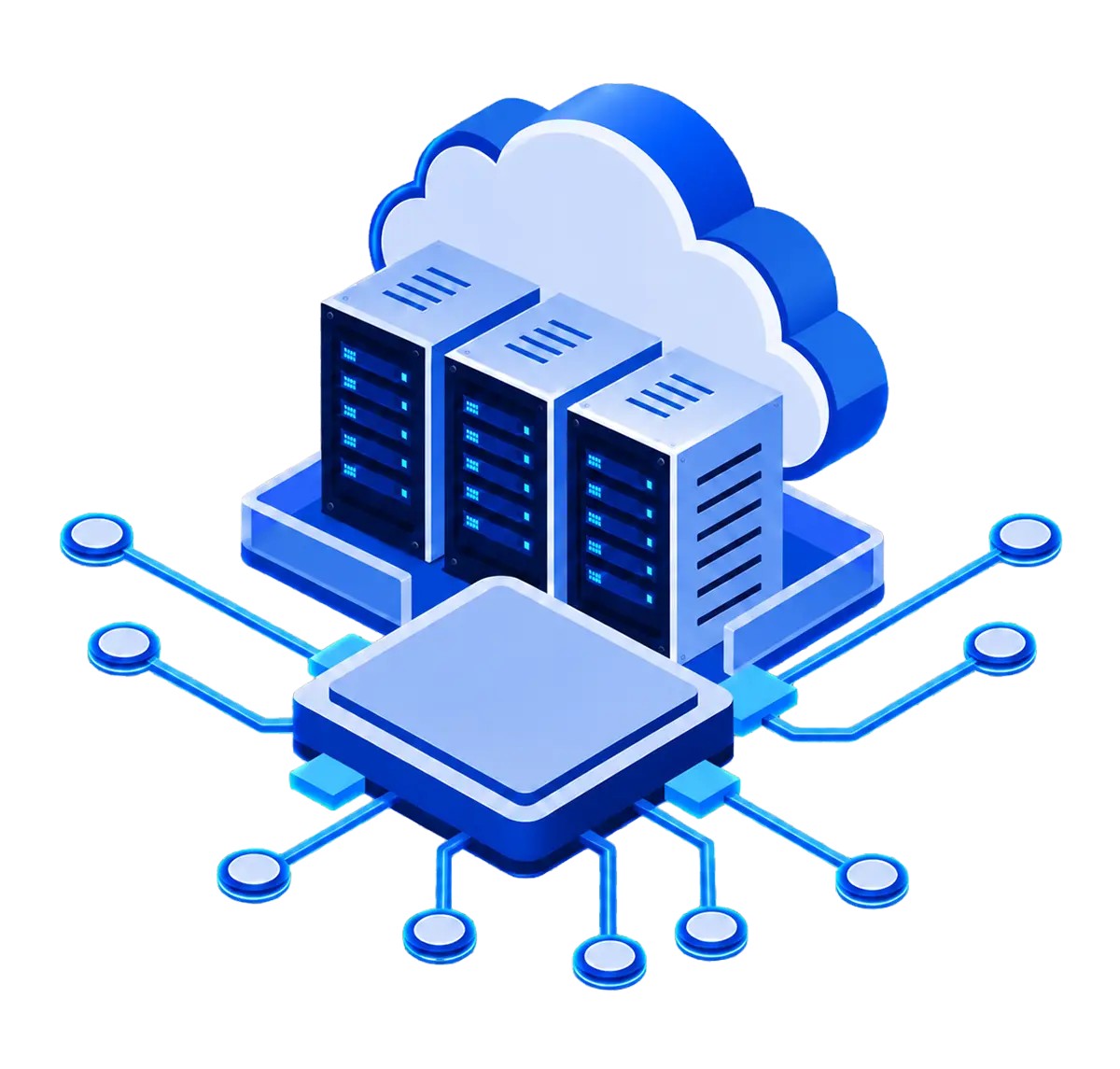 Dedicated GPU infrastructure with three server cabinets, one processor package, and nine connected endpoints