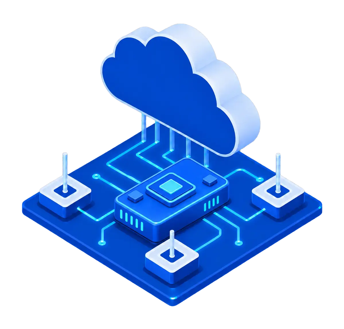 GPU Cloud accelerator card connected to three posted nodes beneath an elevated cloud control plane