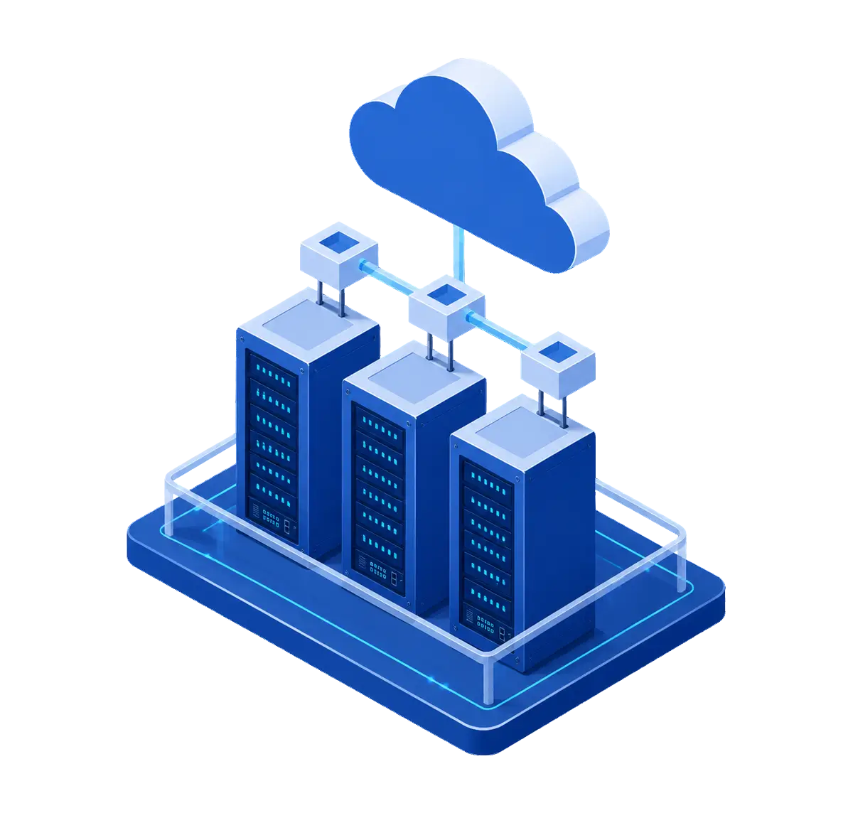 Three linked public cloud instance servers beneath a central cloud control plane on a routed platform