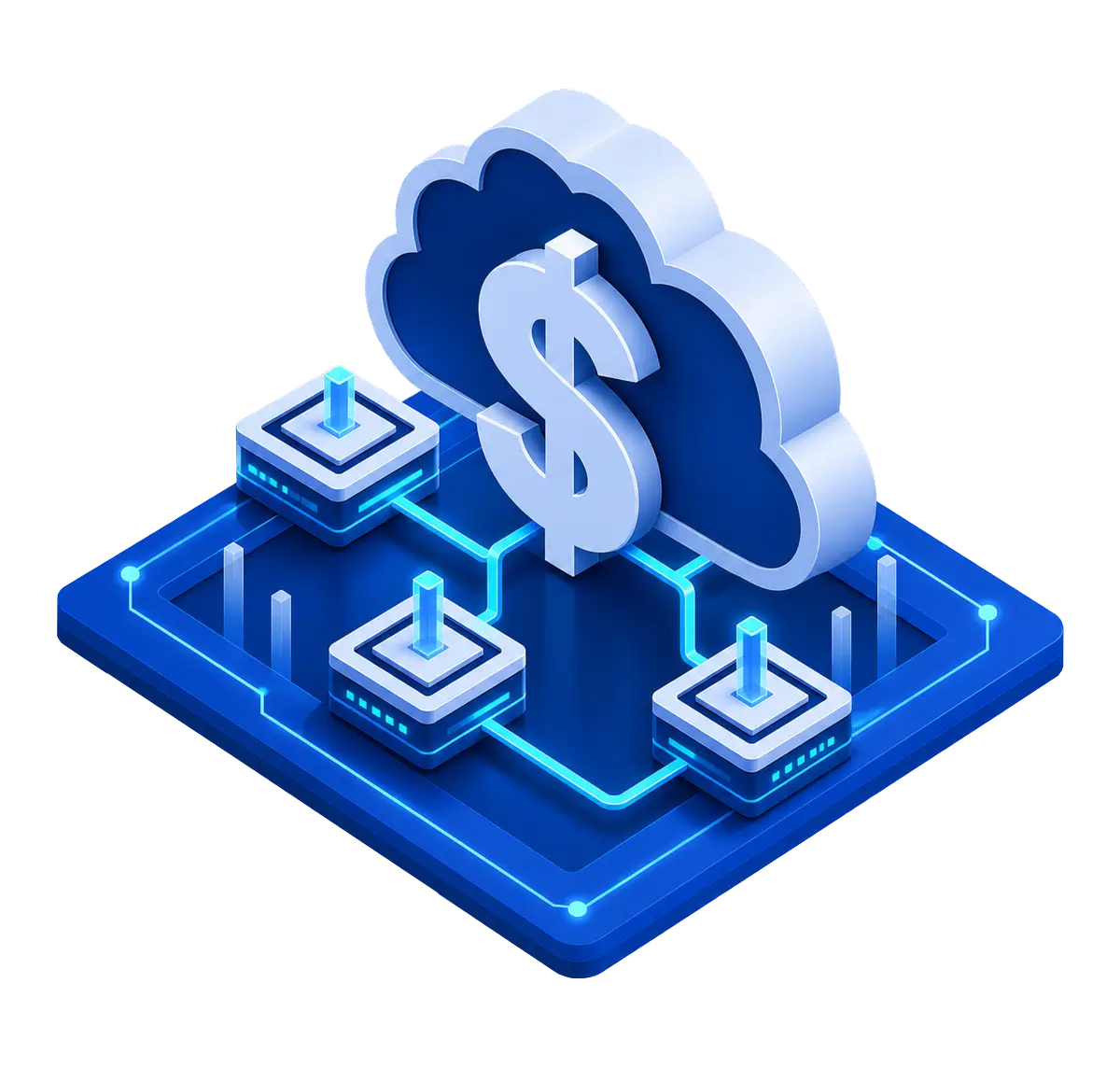Cloud VPS pricing hub connecting one dollar sign with three plan nodes