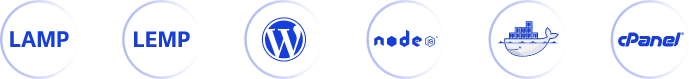 LAMP, WordPress, MySQL, NextCloud, cPanel, Docker, Node.js, mesibo logos