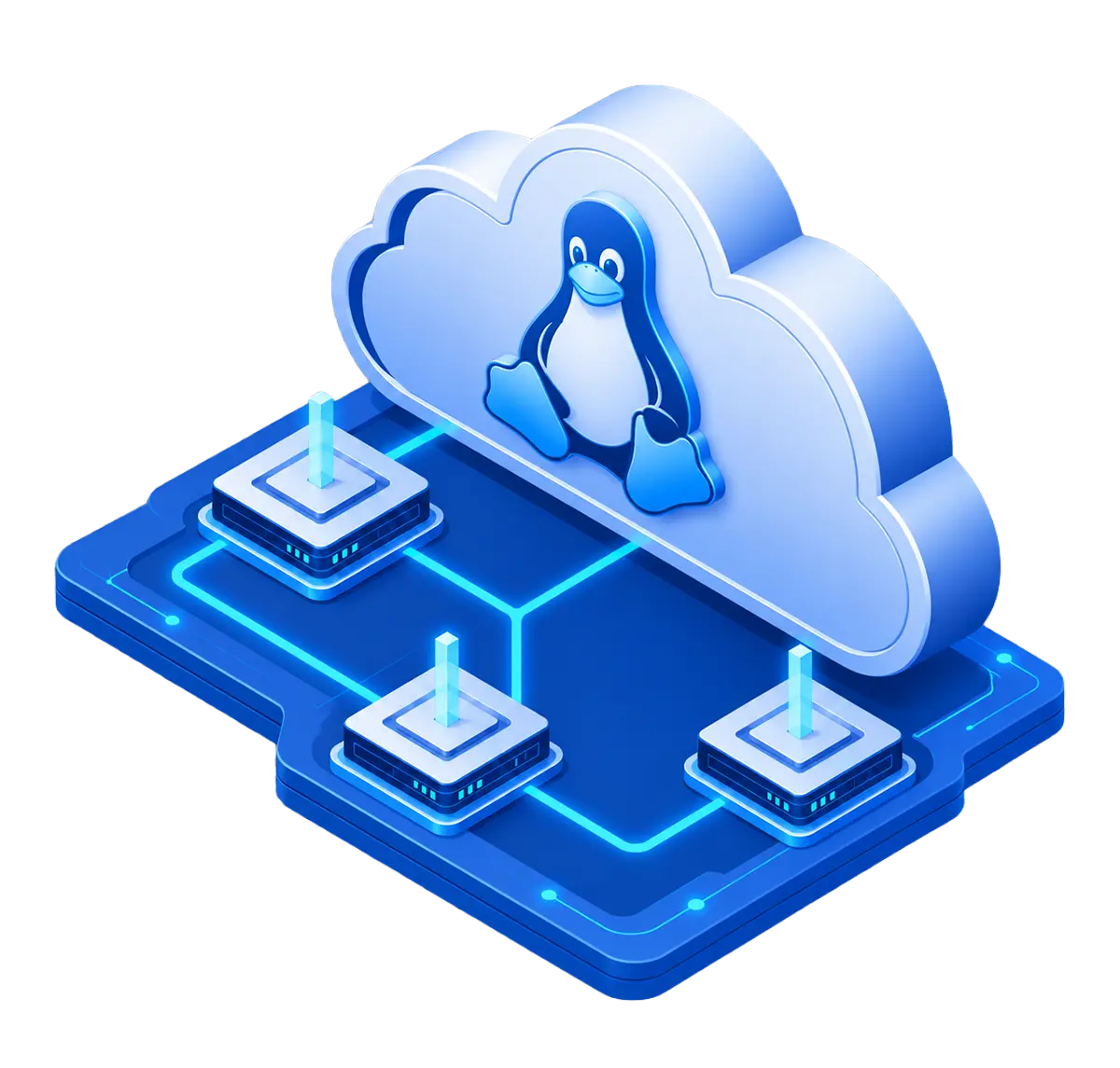 A blank cloud control plane provisioning three separate Linux VPS instances through one shared routed platform