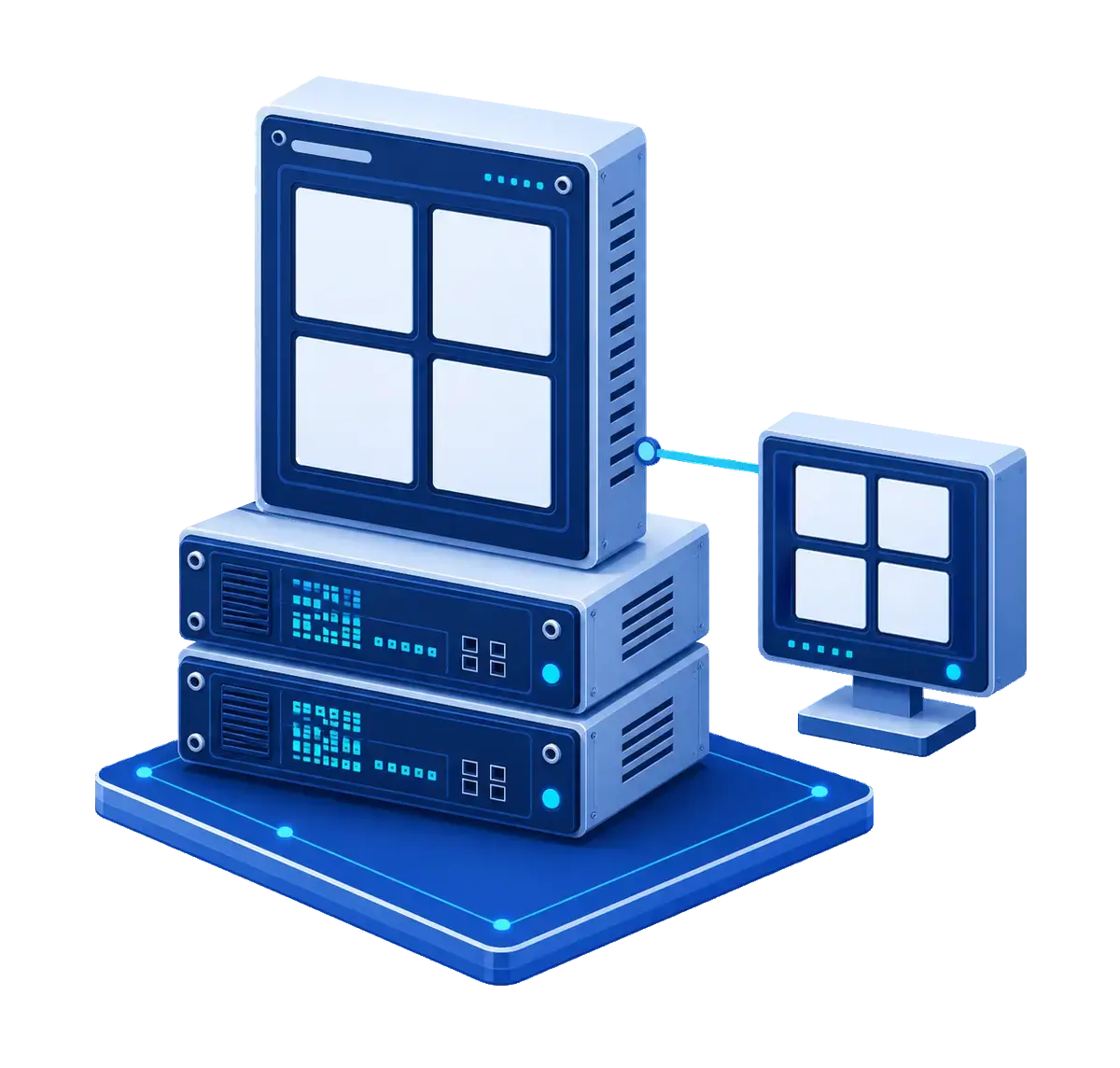 A hosted Windows desktop session above two cloud server chassis connected to one remote desktop endpoint