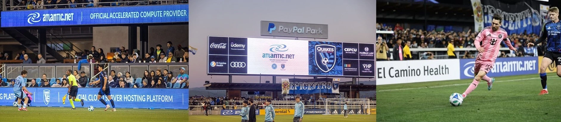 Atlantic.Net signage at PayPal Park, home of the San Jose Earthquakes, including the Official Accelerated Compute Provider ribbon board and the stadium scoreboard