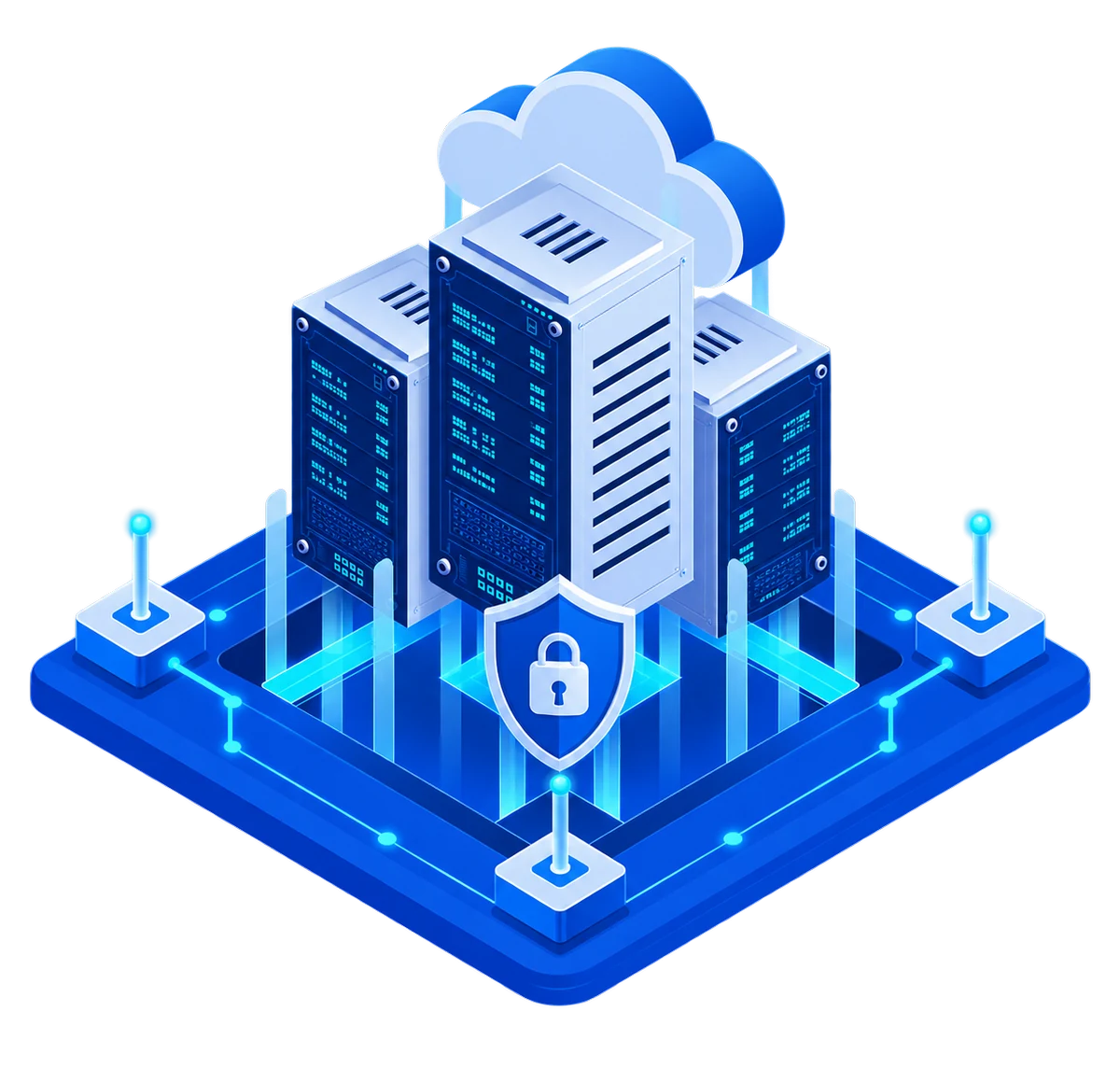 Three connected Atlantic.Net server towers protected on a routed cloud infrastructure platform
