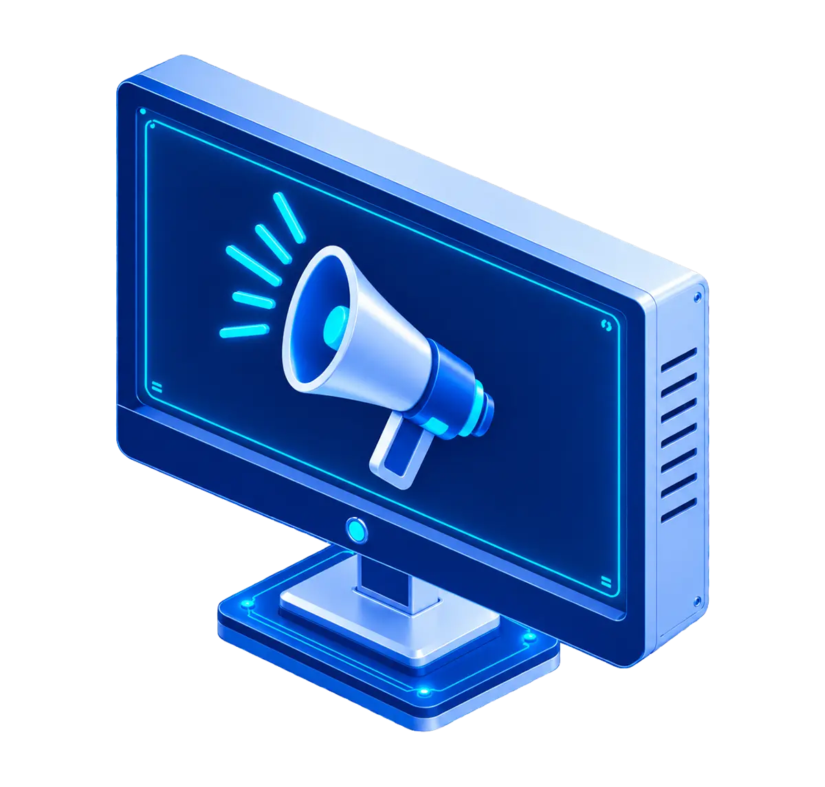 An isometric digital advertising monitor displaying one megaphone signal on a routed support platform