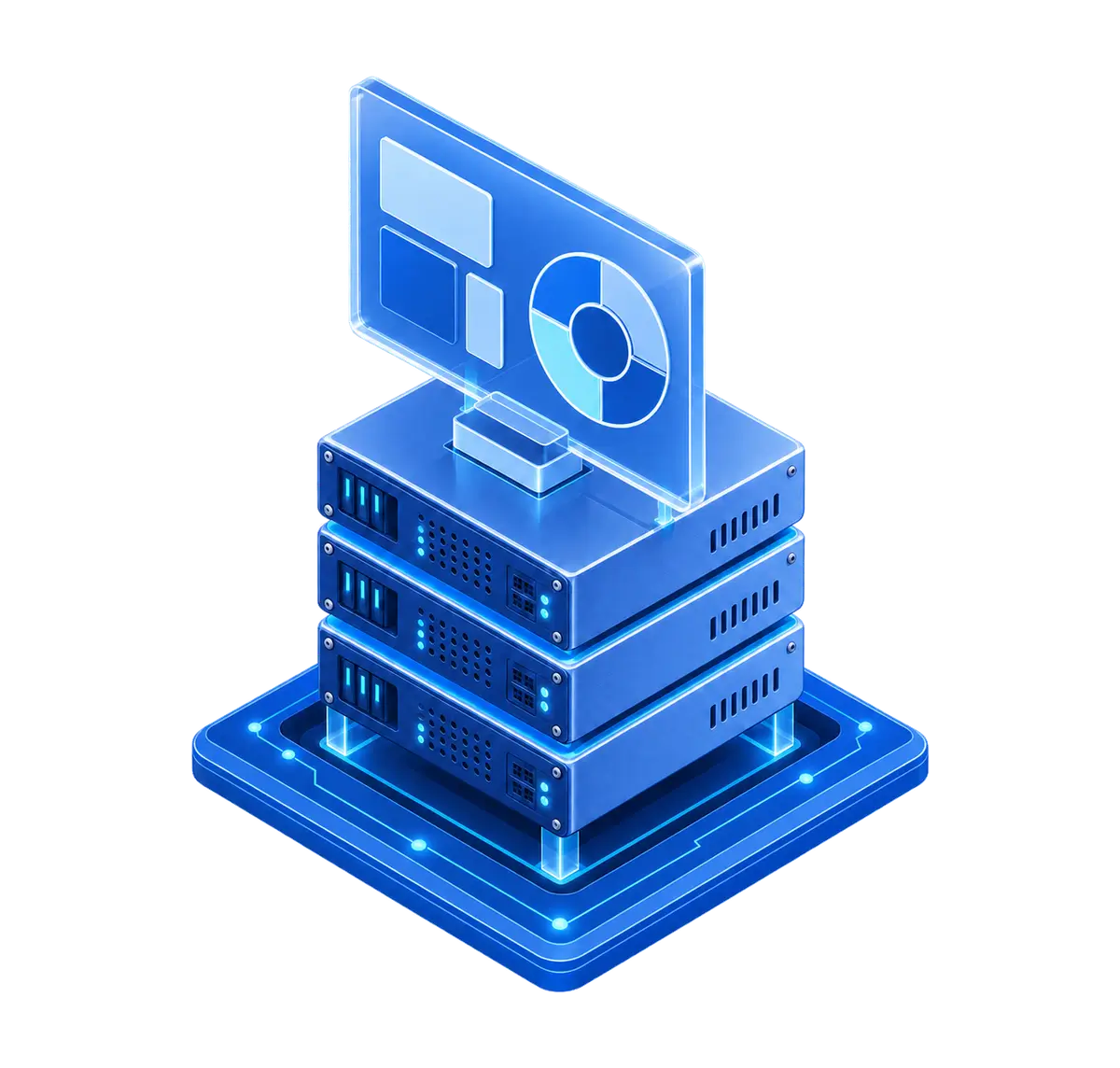 Three dedicated server chassis driving a real-time AdTech and MarTech operations dashboard on a routed platform