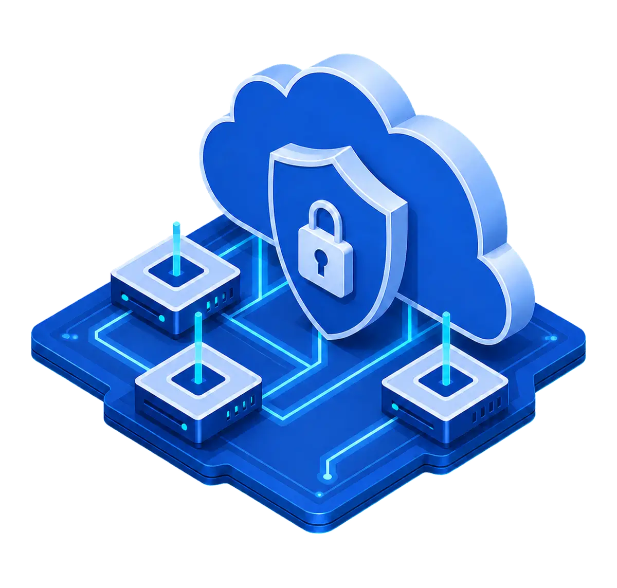 Isometric protected infrastructure boundary connected to three bare metal hardware nodes