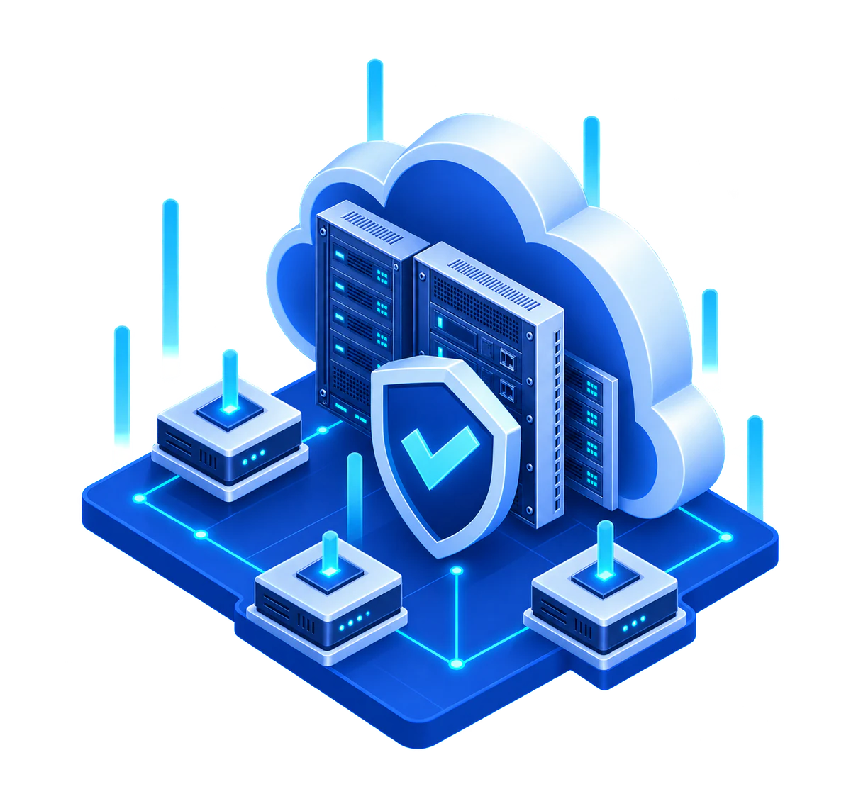 Isometric bare metal infrastructure with physical server panels and three connected hardware nodes