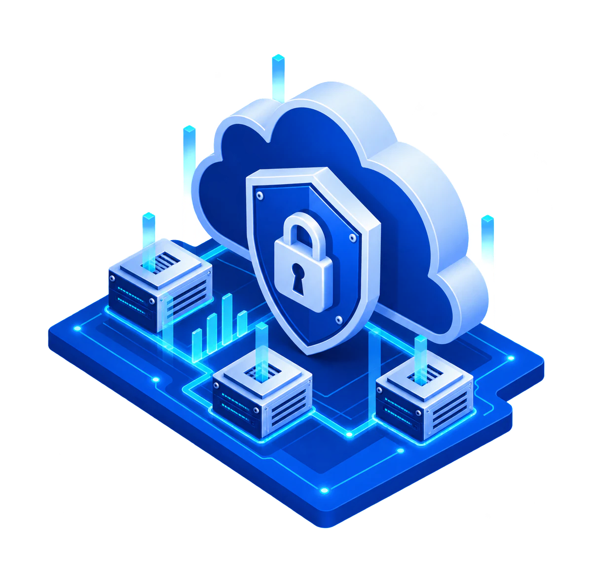Isometric secure dedicated hosting platform with three connected infrastructure nodes