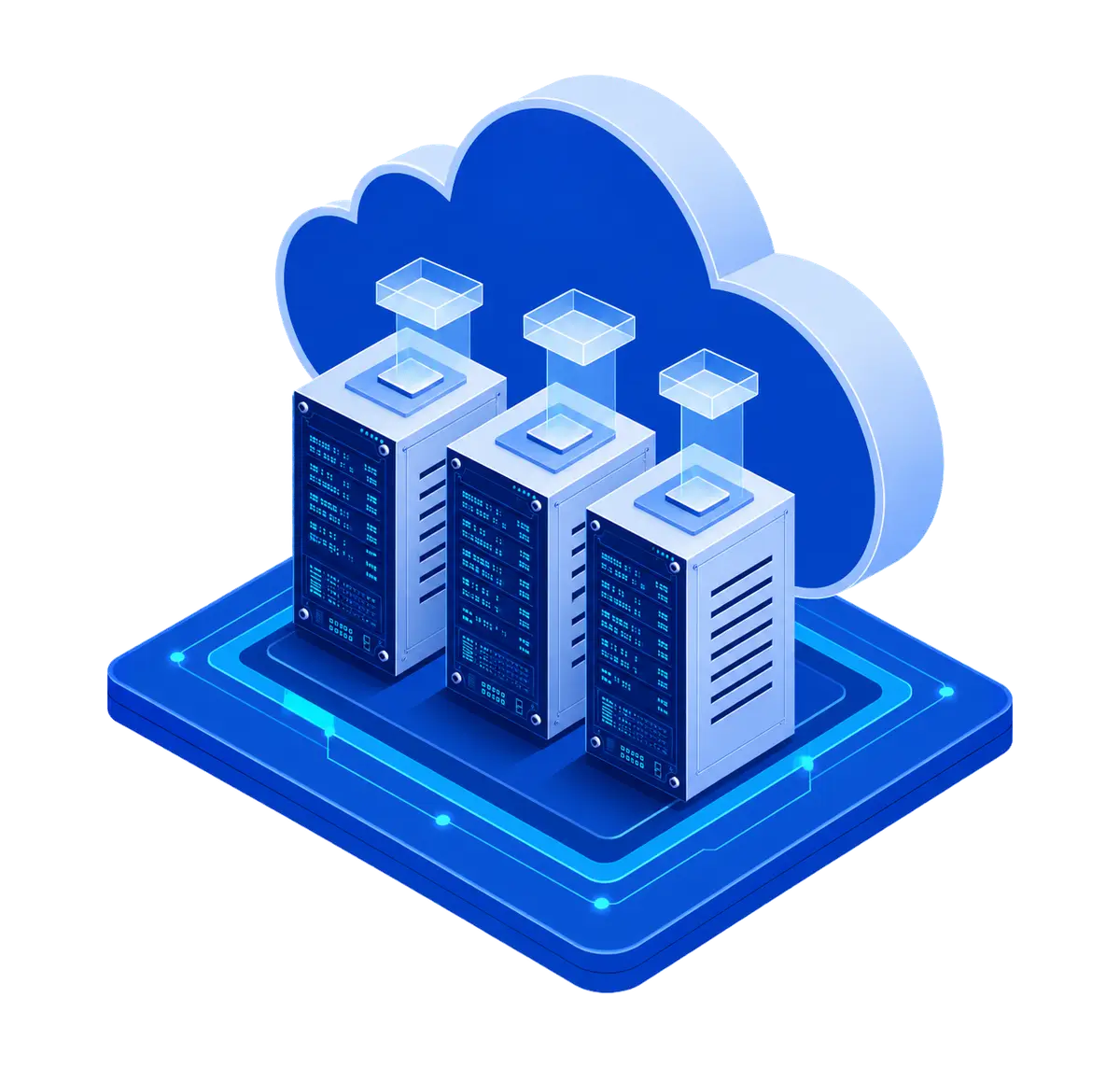 Three dedicated physical hosts, each paired with a hovering cloud-managed instance, on one routed Atlantic.Net platform