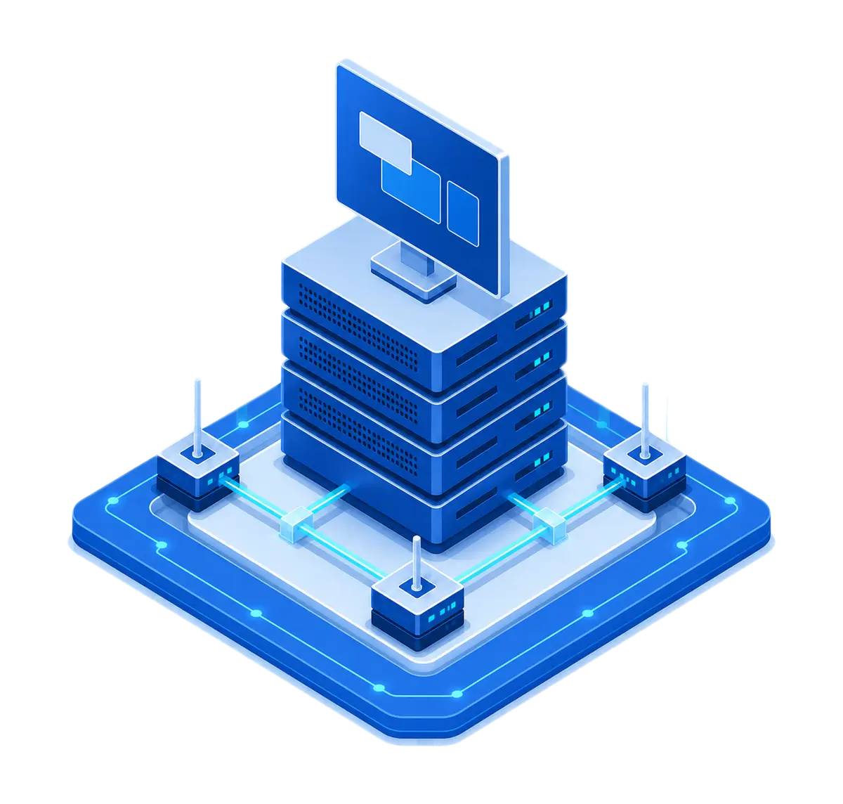 Four custom-configurable dedicated server chassis controlled through one configuration console and three connected hardware endpoints