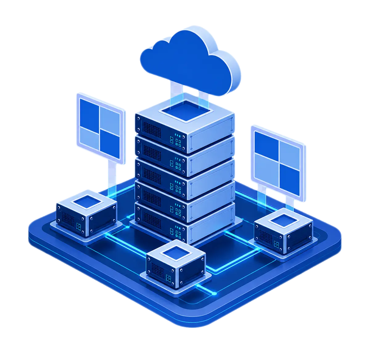 Five enterprise infrastructure chassis coordinated with two control panels and three connected workload modules beneath a cloud