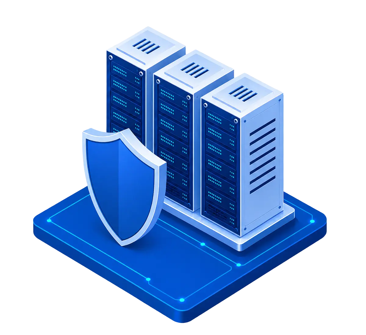 Three dedicated server towers protected by a forward network shield intercepting three incoming traffic routes