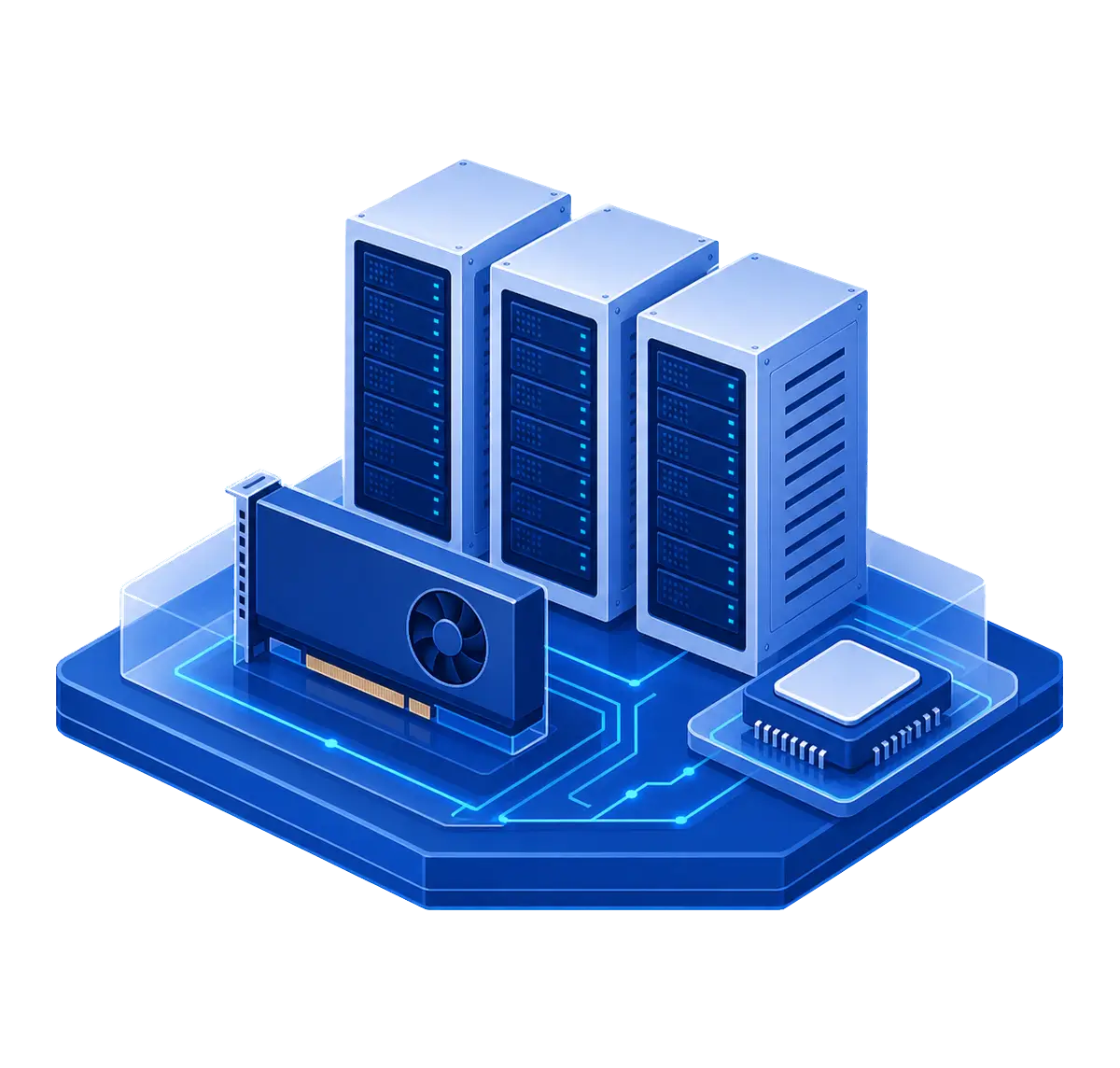 Three High Performance Server cabinets connected to one enterprise GPU card and one CPU package on a routed Atlantic.Net platform