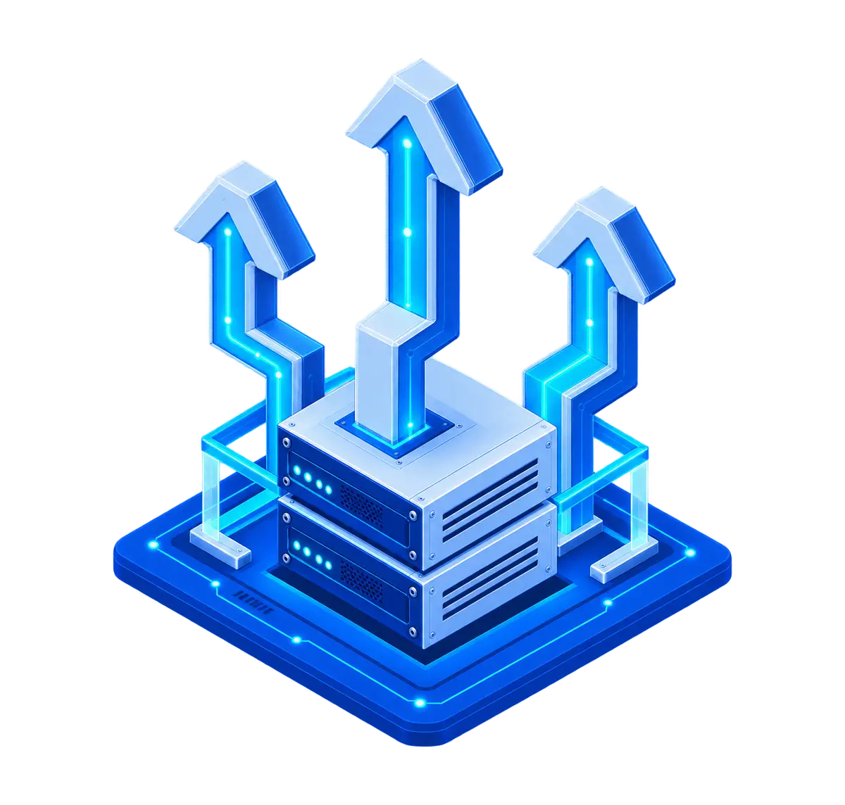 Two stacked dedicated server chassis routing three upward traffic streams through an Atlantic.Net platform