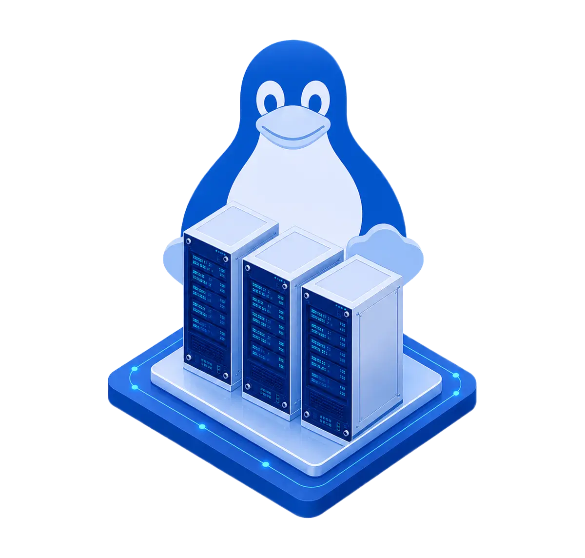 Three dedicated Linux server cabinets with a large front-facing Tux emblem on a routed platform