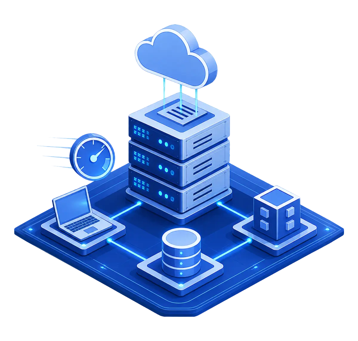 Low-Latency Hosting platform with one cloud, a three-chassis server tower, a latency gauge, and routed laptop, database, and compute endpoints