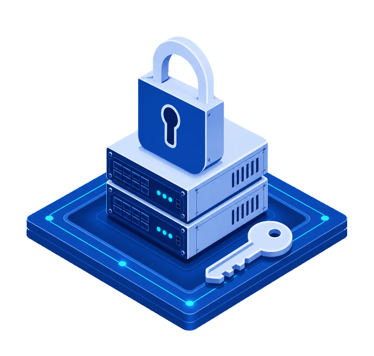 Two private dedicated server chassis beneath an open padlock with a separate access key on one routed platform