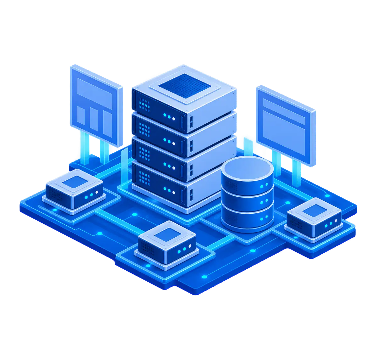 Four stacked storage chassis connected to one three-tier database cylinder, three storage nodes, and two monitoring panels on an Atlantic.Net routed platform