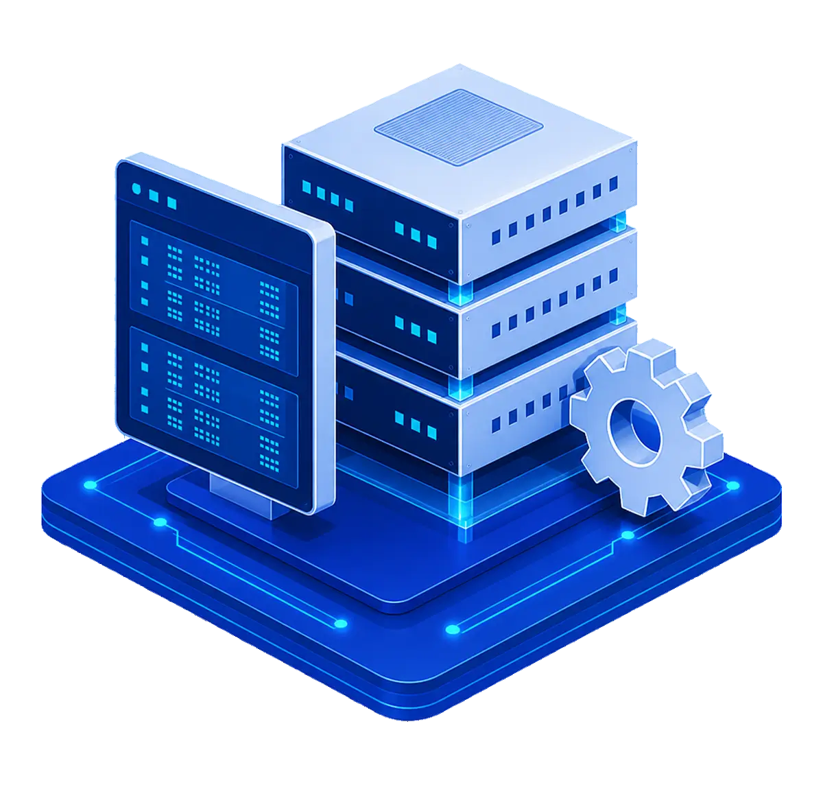 Three unmanaged dedicated server chassis with an administrative console and gear on a shared platform