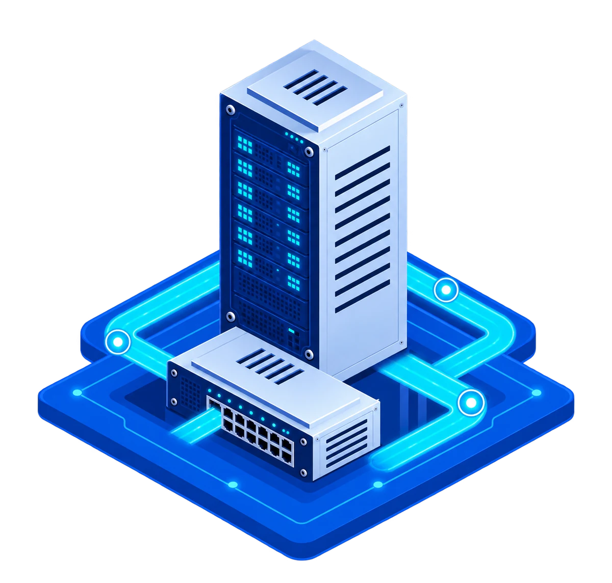 Isometric dedicated server and network switch connected by a fixed-speed data path