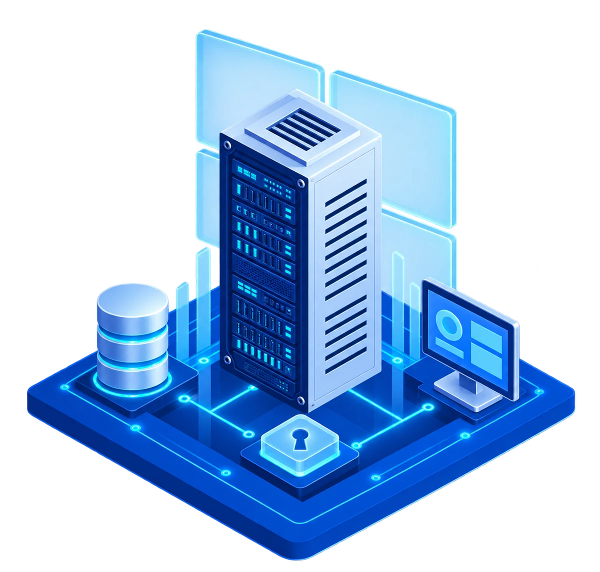 Isometric Windows dedicated server with application, database, security, and remote administration modules