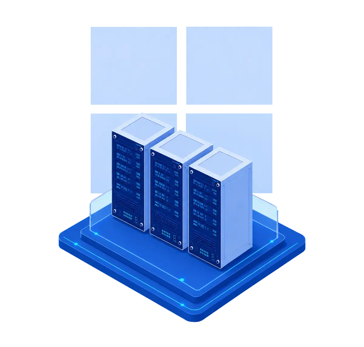 Three dedicated Windows server cabinets with a four-pane Windows identifier on a routed platform
