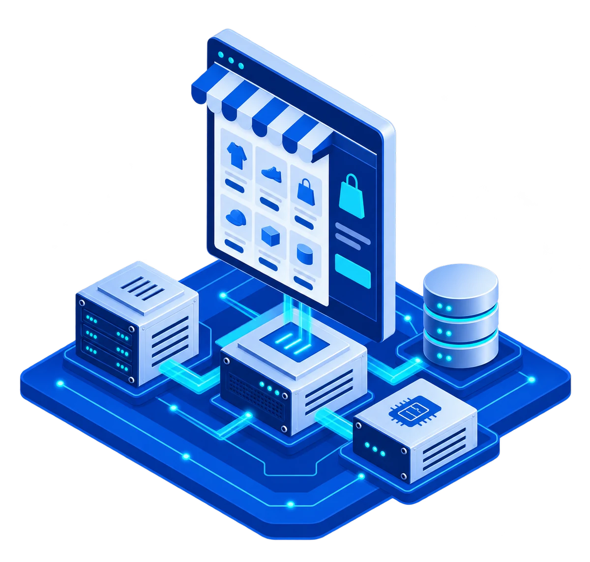 Isometric e-commerce hosting platform with storefront, server, database, and checkout components