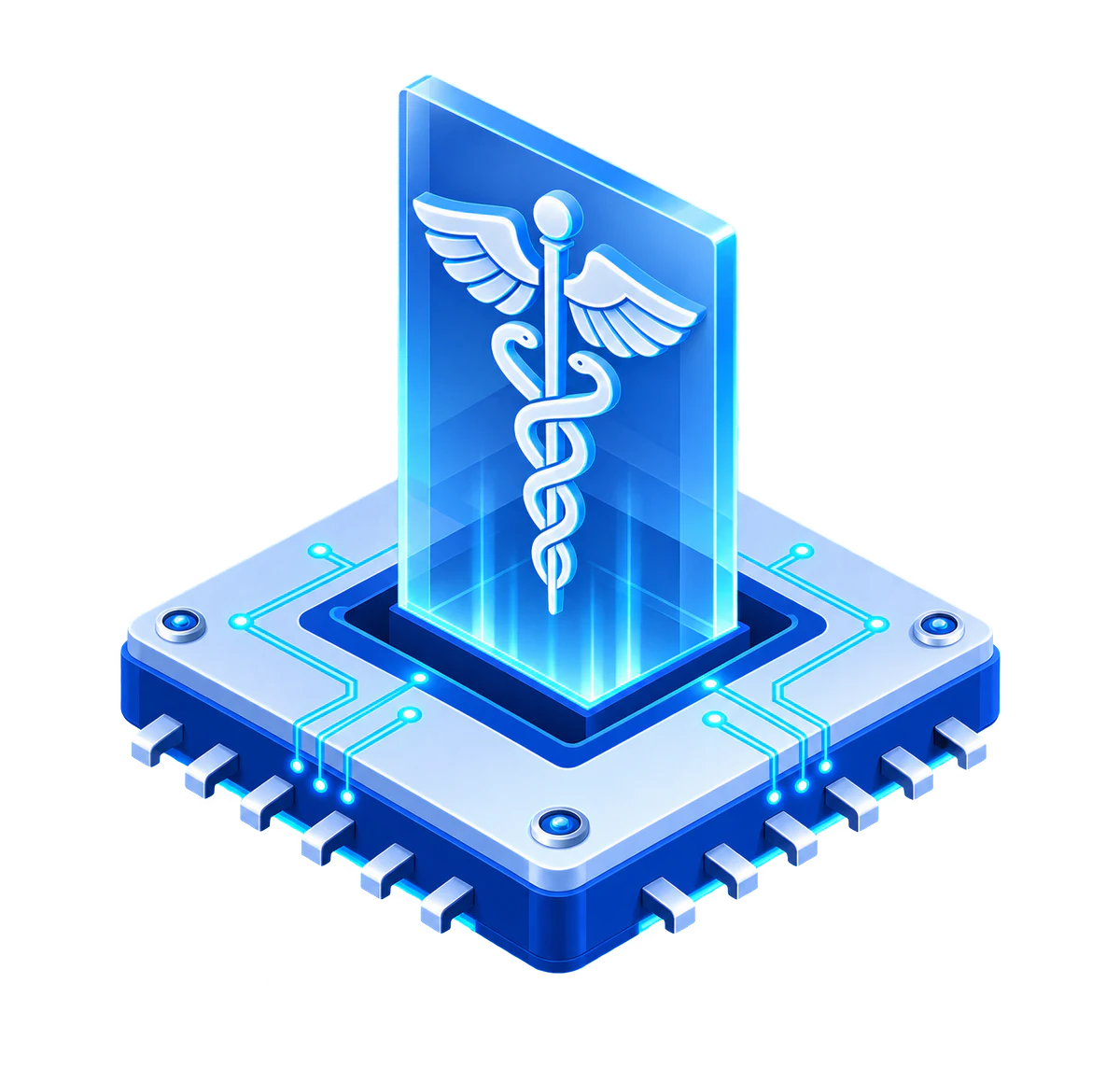 Isometric healthcare data infrastructure chip with a caduceus rising from a protected socket