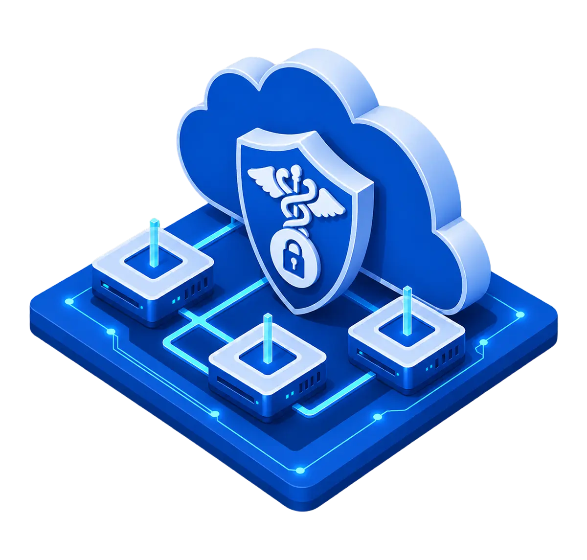 Three managed infrastructure endpoints routed through a locked shield protecting a hosted cloud