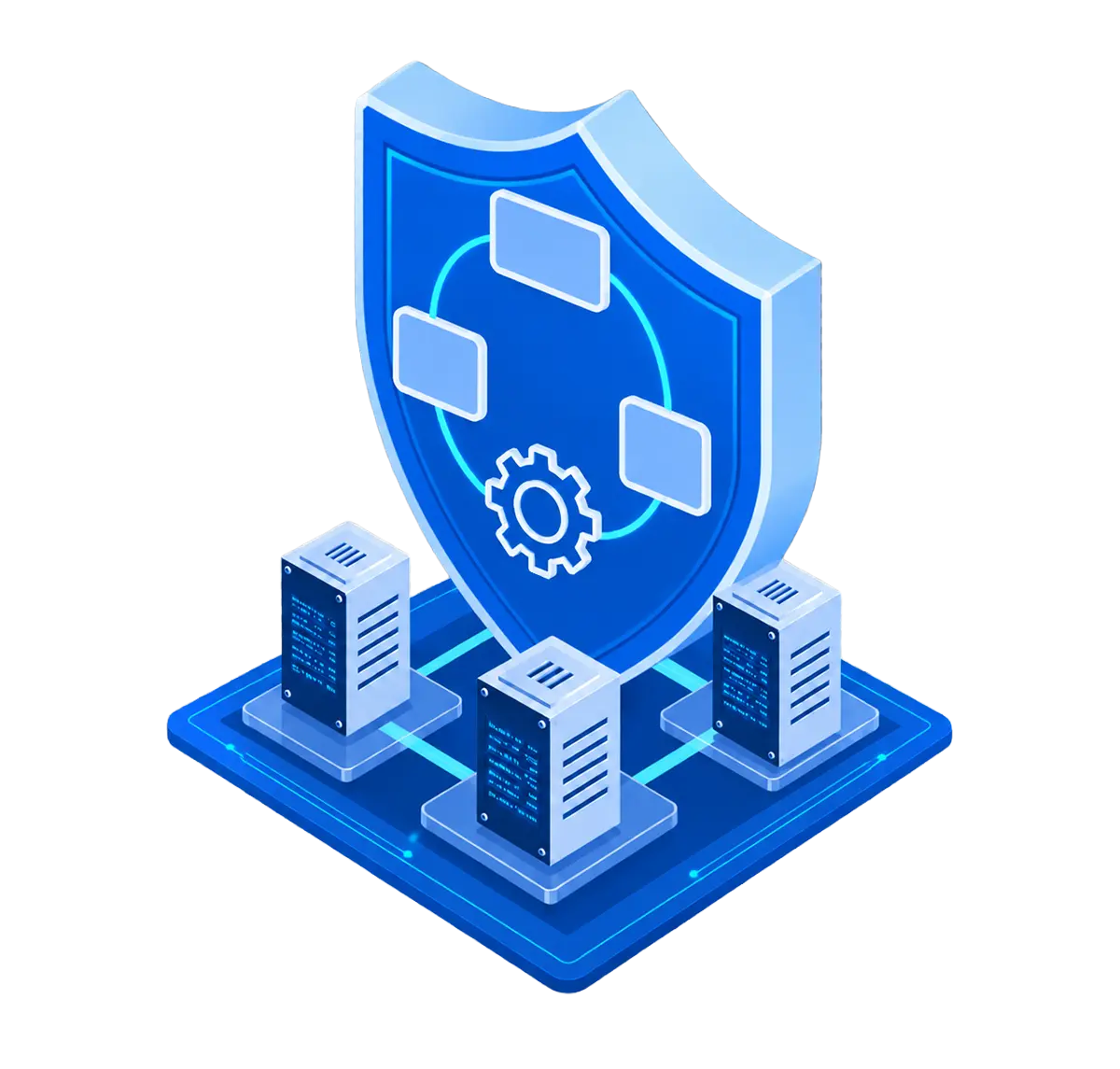 Three managed server environments coordinated by a consulting governance panel with three work modules and an engineering gear