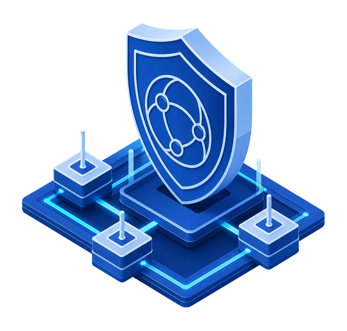 Three posted network edge nodes routed into a managed perimeter shield with a three-node inspection glyph