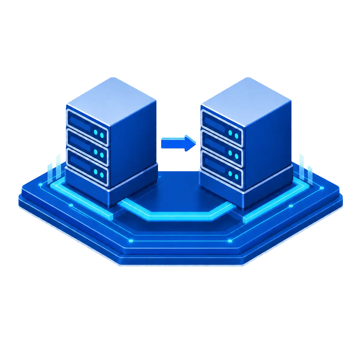 Two three-bay server stacks with one right-pointing transfer arrow on a routed migration platform