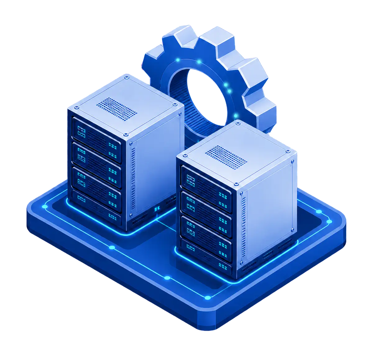 Two managed server units coordinated by one large gear on a routed Atlantic.Net platform