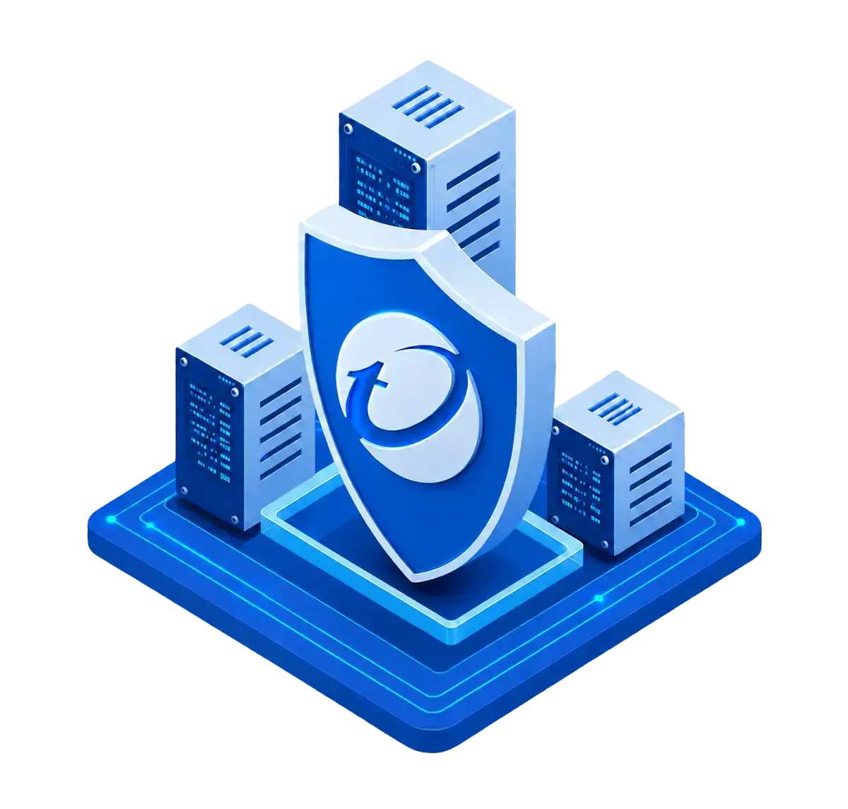 Three protected server environments behind one managed shield with a continuous monitoring emblem on a routed platform