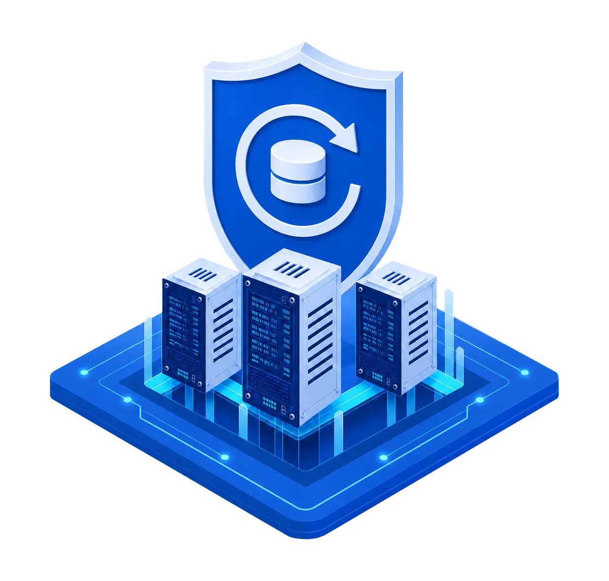 Managed Veeam recovery shield with one database, three connected server towers, and a routed backup platform