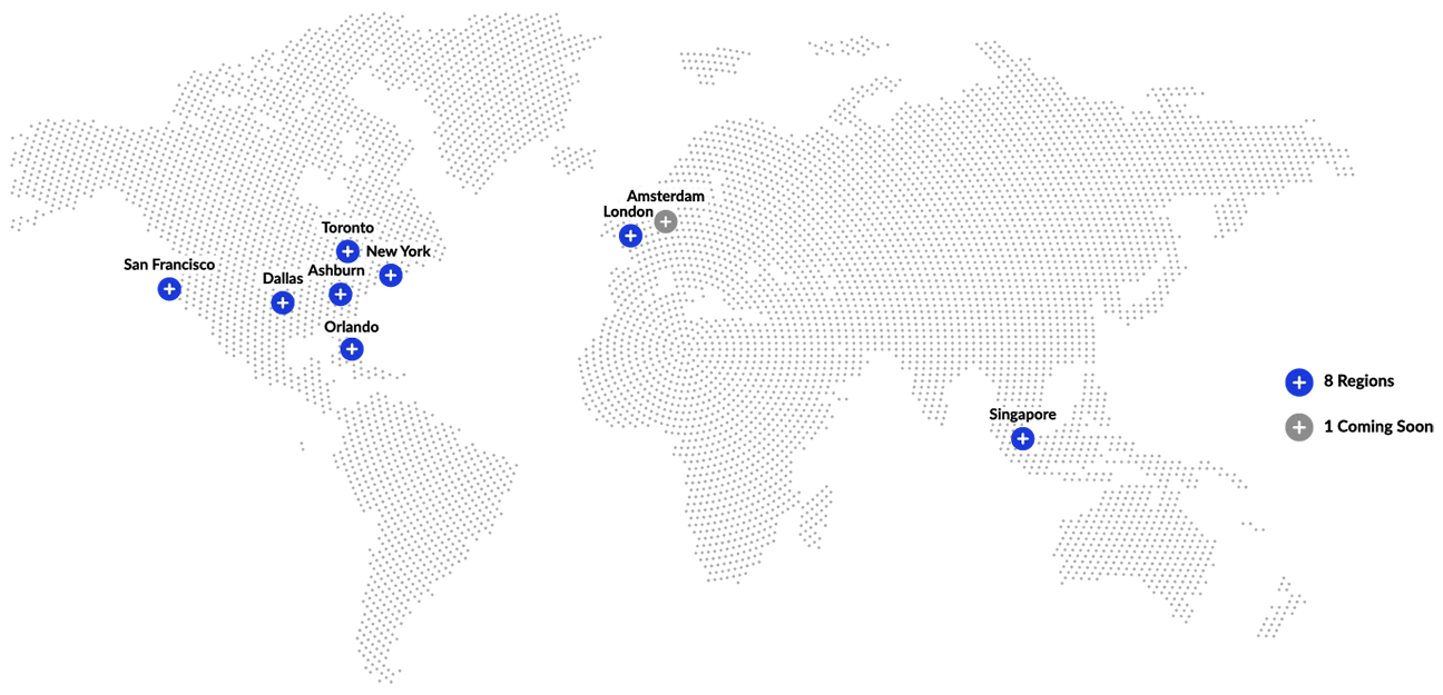 Atlantic.Net global data center map showing live regions in San Francisco, Dallas, Toronto, Ashburn, New York, Orlando, London and Singapore, with Amsterdam coming soon.