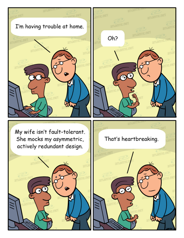 Hosting Humor: the role of fault tolerance in married life (comic), asymmetric and redundant design