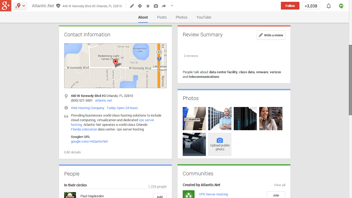 Atlantic.Net’s Google+ Local page