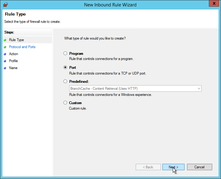 New Inbound Rule Wizard Ports