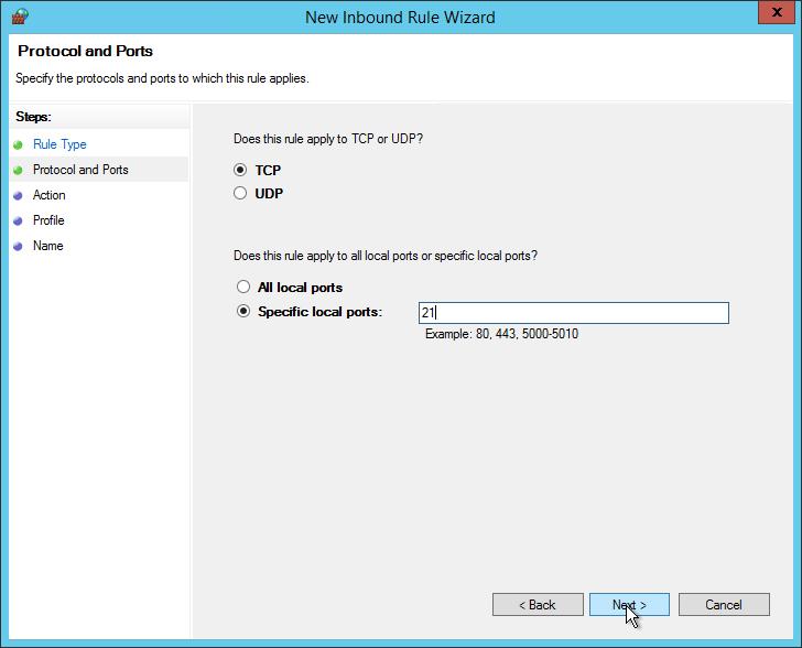 Since this is for the default port 21 for FTP, we will use the TCP protocol and 21 for the Specific local ports. 