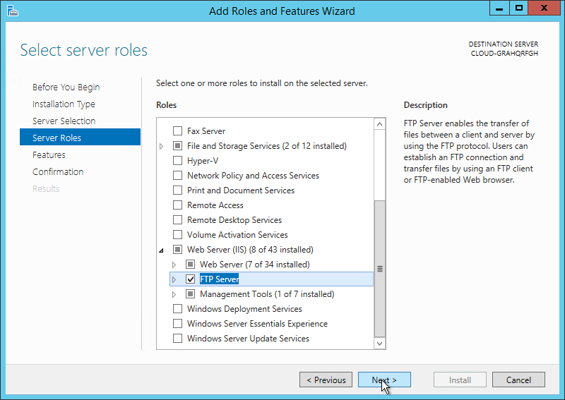 Under Server Roles select FTP Server