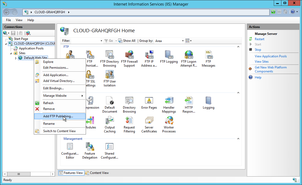 Open IIS, expand your computer, expand Sites, right click on your Web Site and then click on Add FTP Publishing