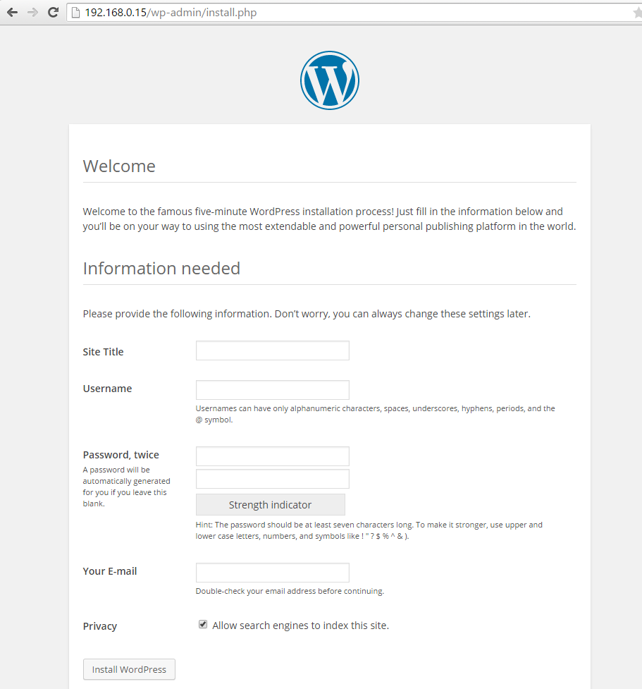 An example of the WordPress web installation