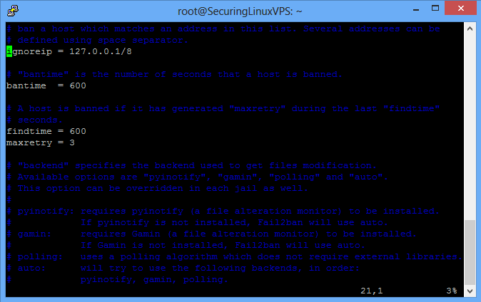 An example of what the /etc/fail2ban/jail.local file looks like