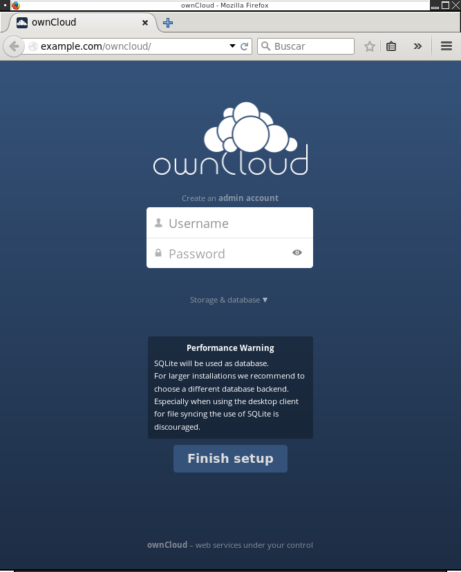 ownCloud initial login screen